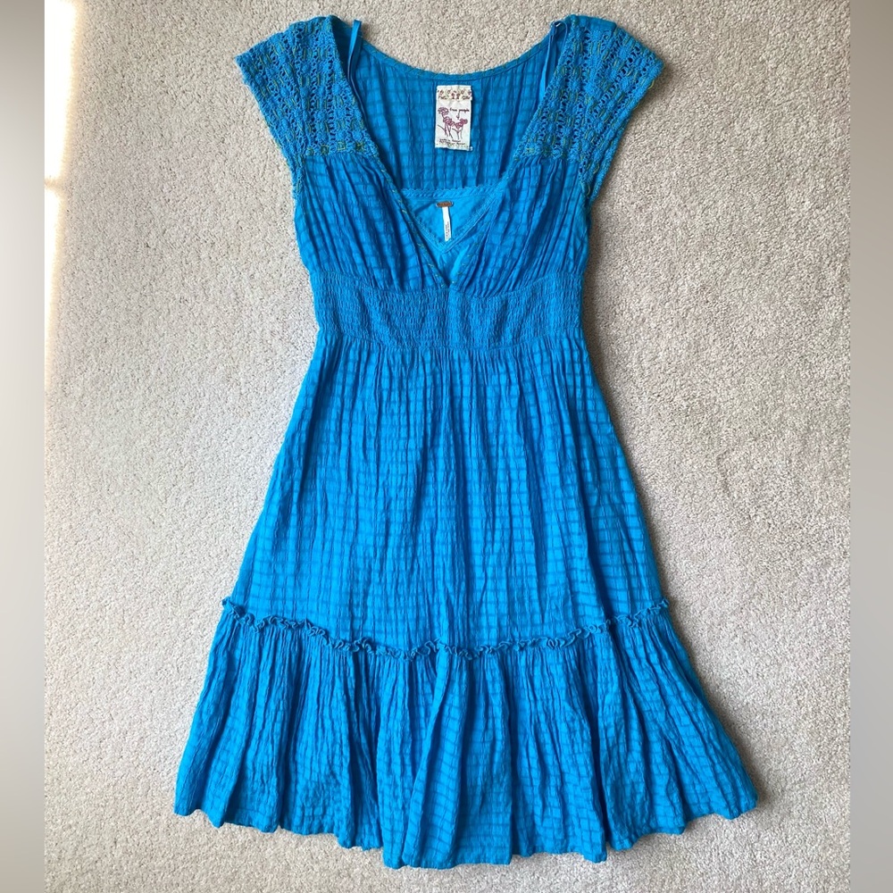 Free People Blue Mini Dress with Crochet Details